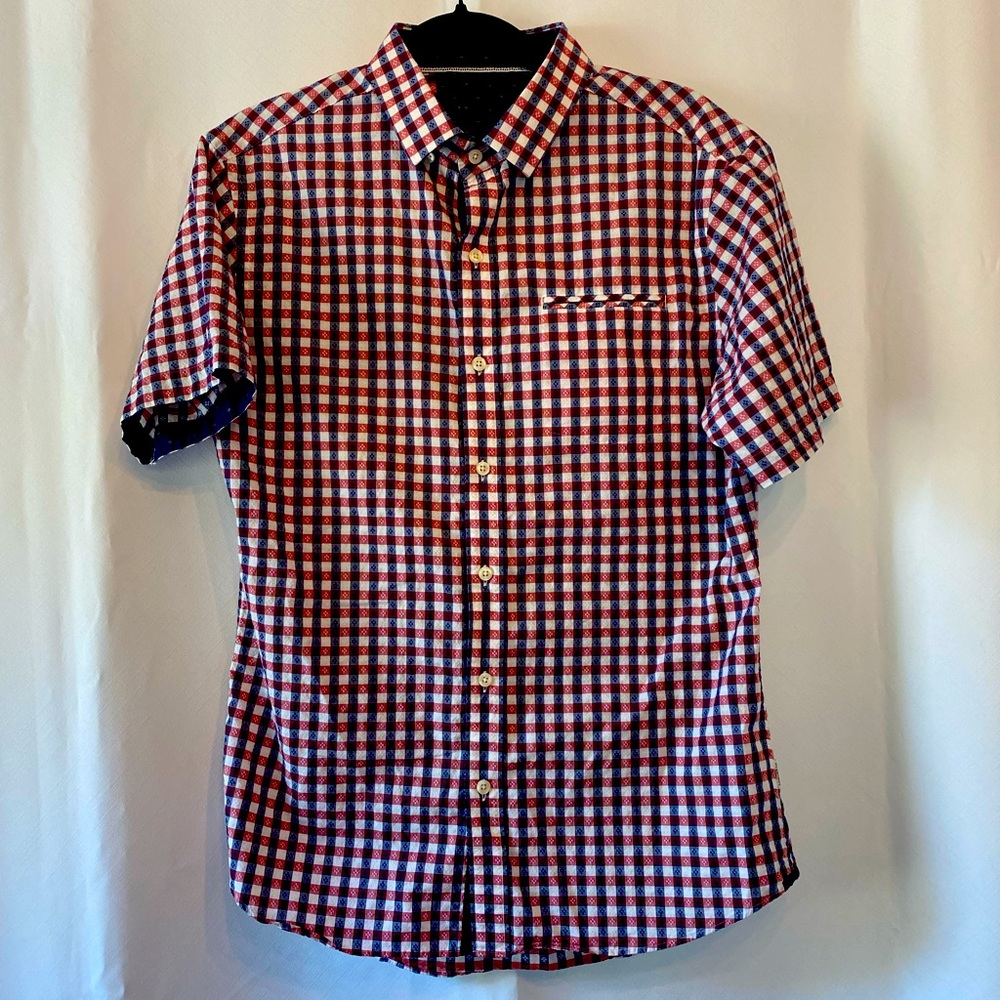 7 Diamonds Mens 100% Cotton Check Pattern Short Sleeve Button Down Shirt Medium